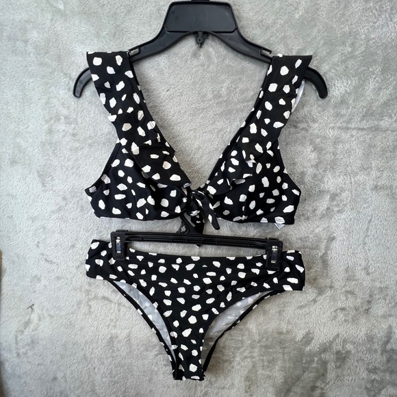 Ocean Pacific Other - Ocean Pacific Womens Black White Ruffle Polka Dot Bikini Set Swimsuit Large